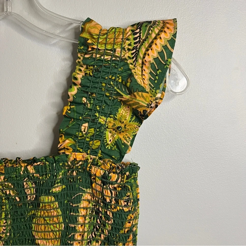 Kourt Calypso Paisley Green and Yellow Flutter Sleeve Smocked Midi Dress